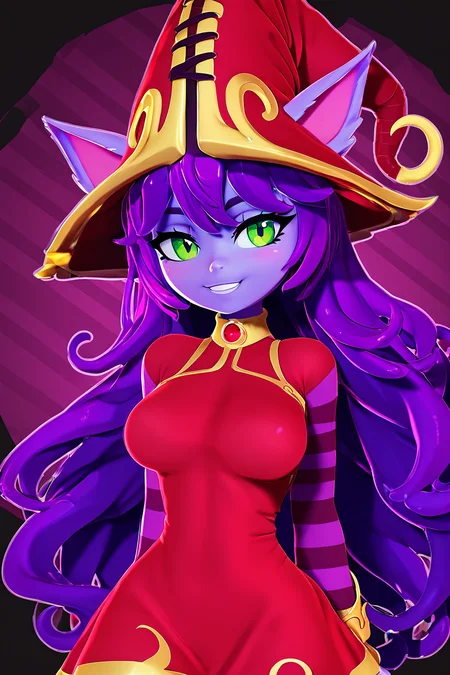 score_9, score_8_up, score_8, (big breasts), (curvy), cute, eyelashes, BREAK, , <lora:LuluLeagueoflegendsPDXL:0.8>, zzLulu, long hair, bangs, animal ears, green eyes, purple hair, colored skin, purple skin, long sleeves, hat, dress, red dress, red headwear, ears through headwear, striped sleeves, yordle,, BREAK, smile, looking at viewer, cowboy shot, embedding:zPDXL, Expressiveh, <lora:Zy0n7_PDXL:1.0>, <lora:SDXLFaeTastic2400:0.5>, <lora:Expressive_H-000001:0.4>,