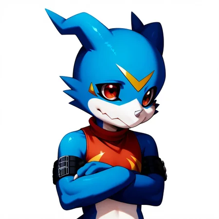 veemon(character), digimon(creature), scalie, blue body, horn, red eyes, furry male, solo, 1boy, score_6_up, score_7_up, score_8, score_9, arm belt, upper body, crop top, crossed arms