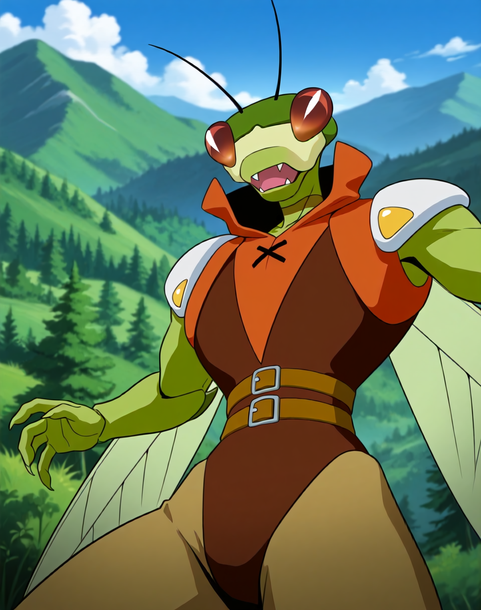 <lora:Katris_(Shinzo)_(Illustrious)_(AD):1> Katris, mantis, Shinzo, 
((
exterior, vivid anime blue sky with detailed clouds, forest, mountains, valley, 
dynamic action, cowboy shot, insect anthro, fighting, chest focus, 
)),
BREAK: very awe, aesthetically pleasing, masterpiece, best quality, amazing quality, very aesthetic, perfect depth of field shot, in'ei, 
masterpiece, best quality, amazing quality, very aesthetic, high resolution, ultra-detailed, absurdres, newest, scenery, {Prompt}, BREAK, detailed background, volumetric lighting,
BREAK: lazympos, lazypos (3),
