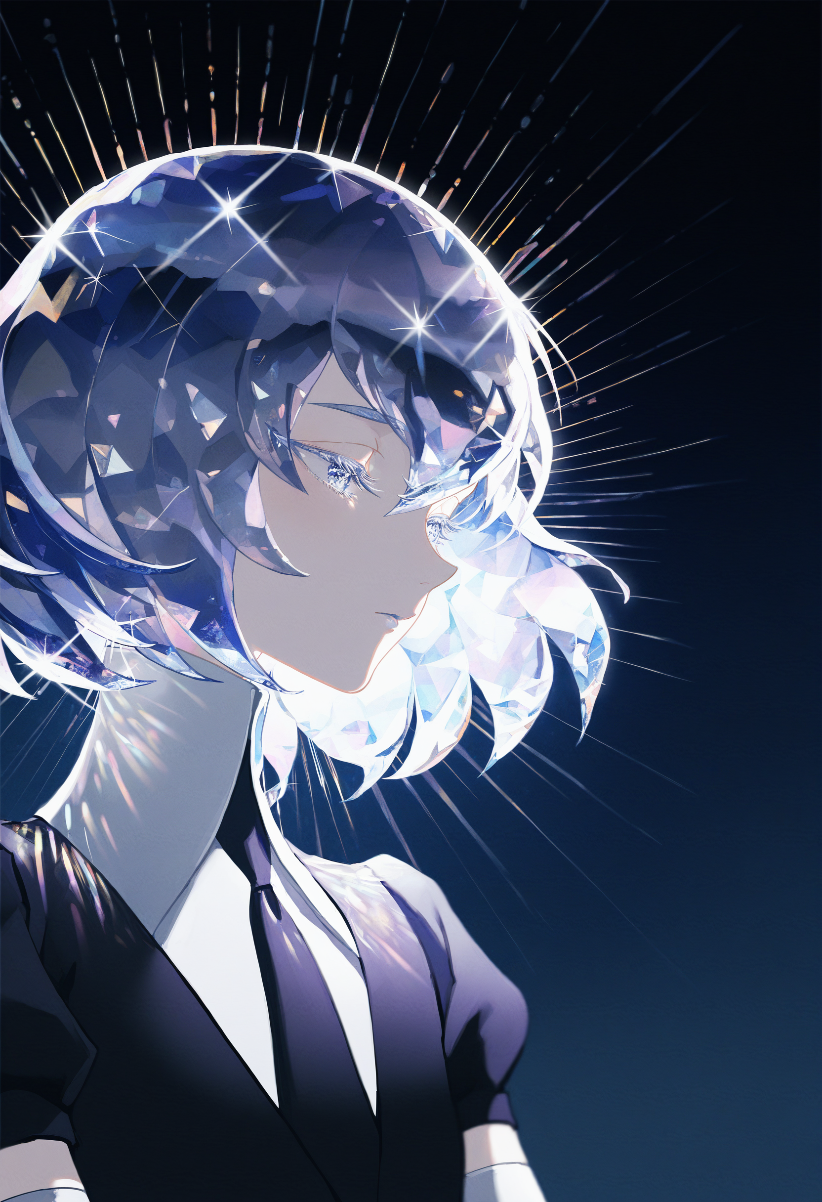 by [yoneyama mai|quasarcake|wanke|ajimita],
diamond \(houseki no kuni\), upper body, solo, 1girl, gem, fractal, geometric pattern, night sky, star \(sky\), glint, light beam,
masterpiece, best quality, very awa, absurdres
<lora:noobai_epred_11_artists_v11:1>