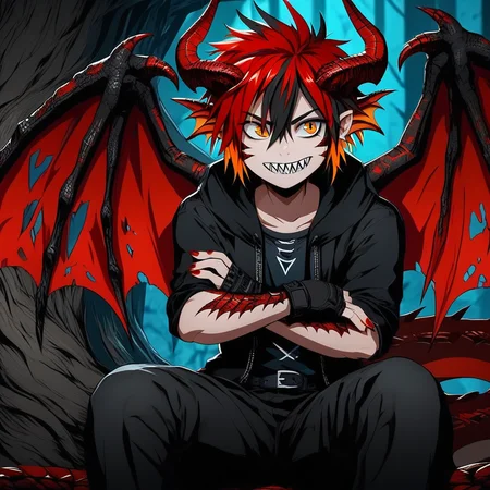 wings, crossed arms, sitting, dragon wings, pants, multicolored hair, fingernails, jewelry, horns, sharp teeth, fingerless gloves, red nails, red hair, dragon horns