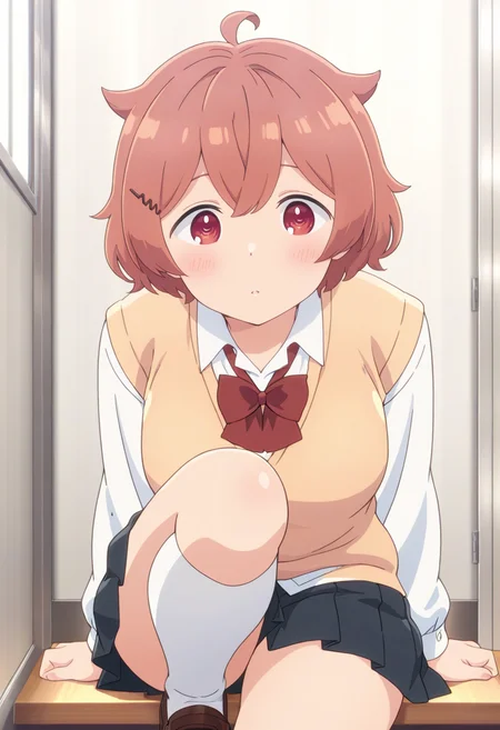newest, masterpiece, best quality, 4k,
indoors, very aesthetic, detailed background, face focus,
1girl, solo,  <lora:mitsuki ooshiro:1> mitsuki, brown hair, short hair, ahoge, red eyes, hairclip, school uniform, sweater vest, collared shirt, bowtie, pleated skirt, kneehighs, white socks, brown loafers,