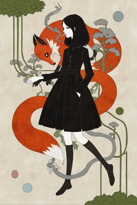 kchiba1 illustration of a woman, smoking with a fox <lora:kchiba1_cap_d6a3:1.0><lora:837651960262857319:0>