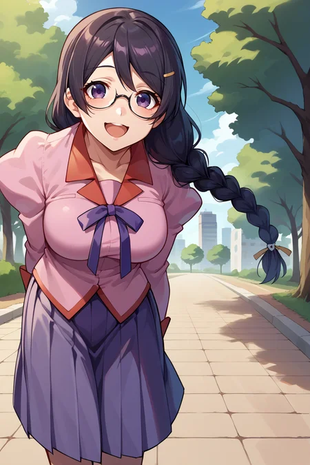 score_9, score_8_up, score_7_up, score_6_up, source_anime, BREAK 1girl, solo  <lora:tsubasa-pdxl-nvwls-v1-000005:1> defTsubasa, black hair, purple eyes, braided ponytail, glasses, school uniform, pink shirt, puffy sleeves, long sleeves, pleated skirt, medium breasts, tree, park, city, looking at you, happy, open mouth, leaning forward