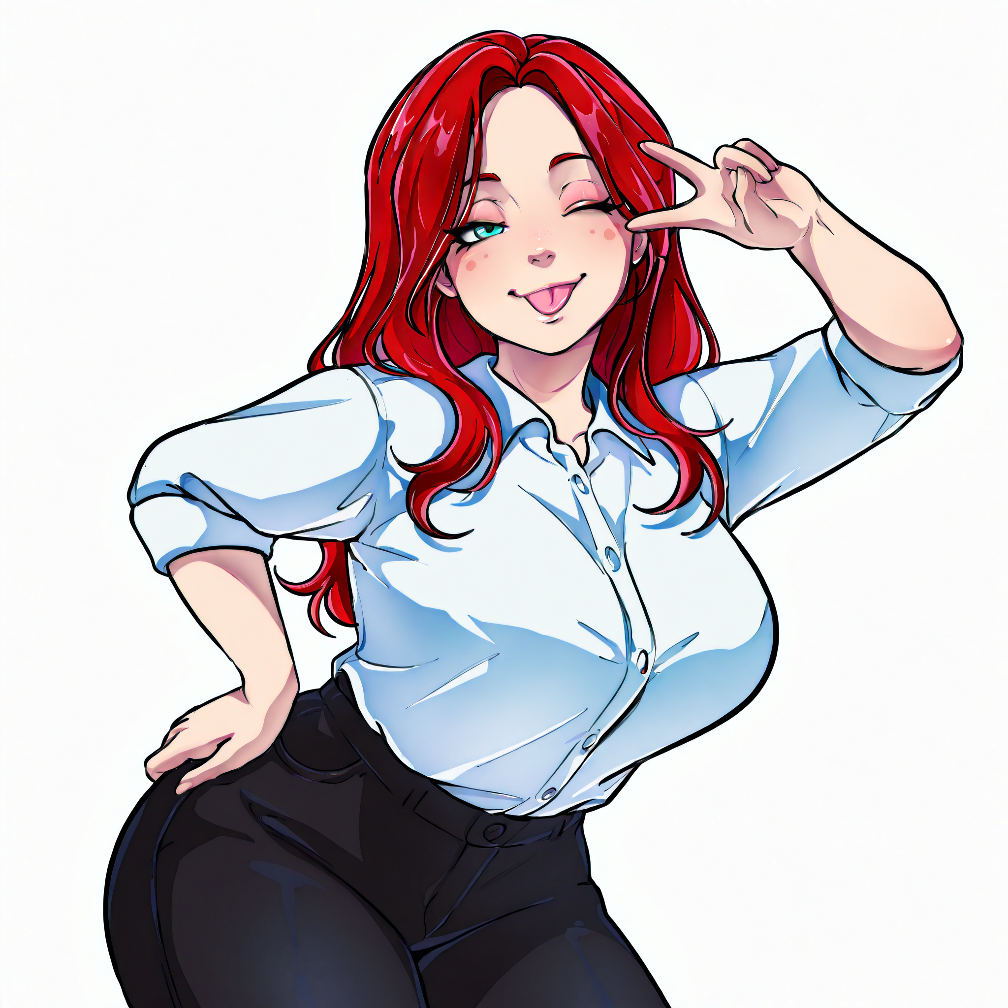 masterpiece, best quality, amazing quality, very aesthetic, absurdres, hand on own hips, 
1girl, solo, plump, large breast,  long hair, smile, half-closed eyes, v, tongue out, closed mouth, wink, one eye closed, contrapposto, 
halftone, ben-day dots, 
white dress shirt, black pants, 
white background, simple background, 
cowboy shot, front view, three-quarter view, facing viewer, 
(masterpiece), (best quality), (ultra-detailed), amazing quality, very aesthetic, illustration, perfect composition, intricate details, absurdres, incredibly absurdres, anime coloring, 
 <lora:SorÐ­Tammier_r_Style_Illu:1>, sortammier,