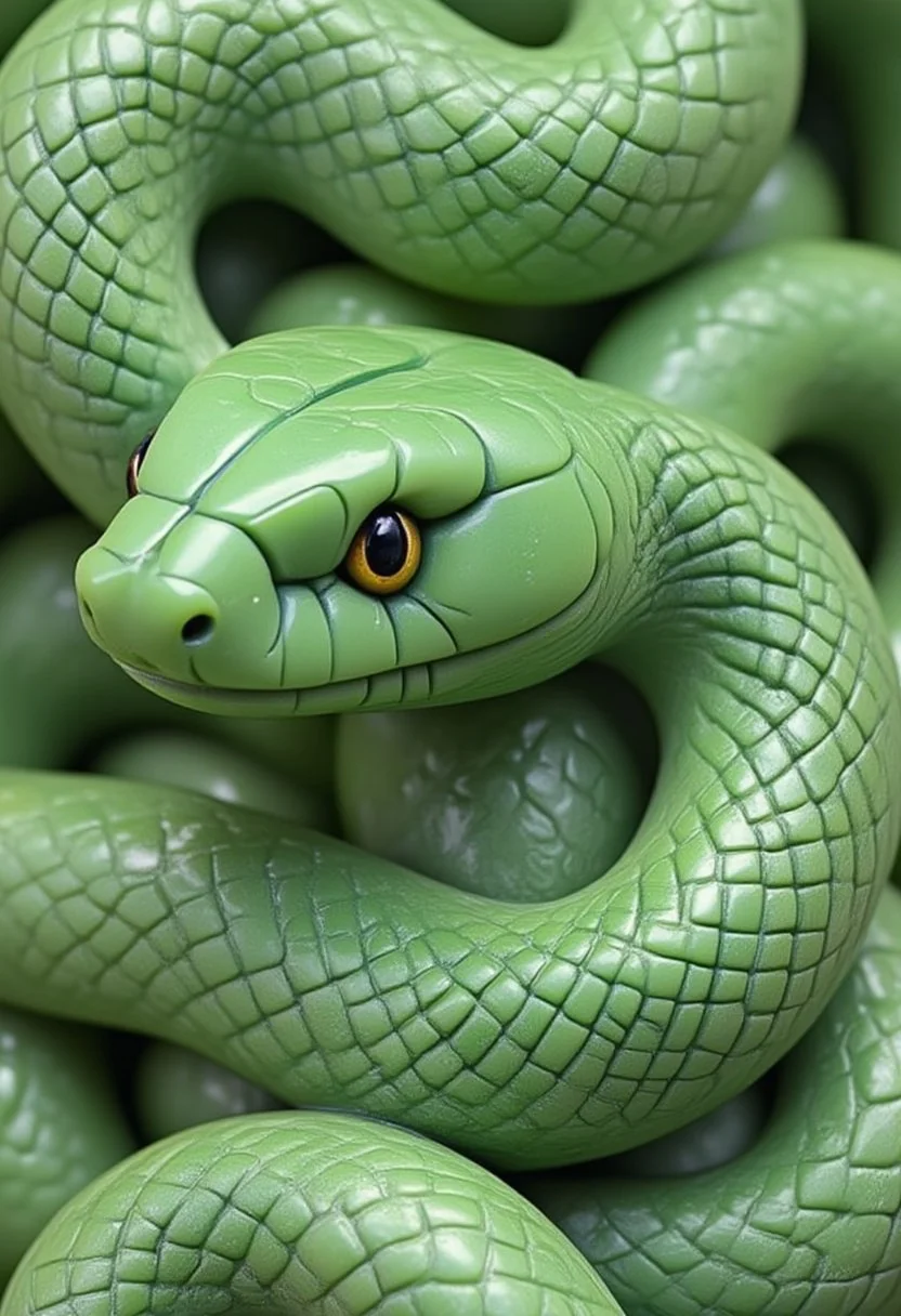 A cute vivid literary green jade snake filled with text, jade_snake