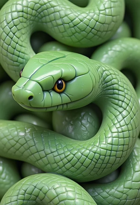 A cute vivid literary green jade snake filled with text, jade_snake