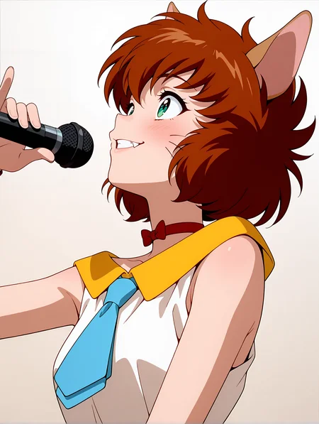 masterpiece,best quality,amazing quality,
1girl,solo,
anime screencap,<lora:koto_ilxl_v1.0:1>,koto,brown hair,green eyes,whiskers,fang out,
k_clothes,yellow collar,red ribbon choker,white sleeveless shirt,blue necktie,k_m,holding microphone,
<lora:Fixhands_anime_bdsqlsz_V1:1>,simple background,parted lips,upper_body,looking ahead,crazy_smile,laughing,