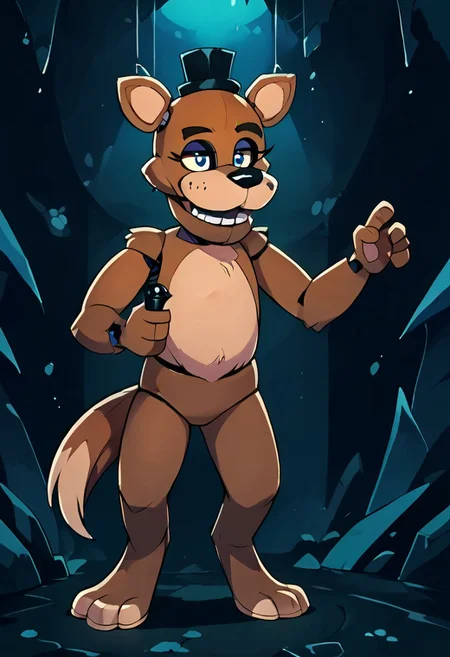 SCORE_9, SCORE_8_UP, SOURCE_FURRY, BREAK, SOLO, HOUNDSONA, BLIND EYES, FEMALE, FURRY, DECREPIT, HOBBLING, freddy, brown fur, DARK CAVE, HIGH RESOLUTION, VIVID TEXTURES, DETAILED PUPILS