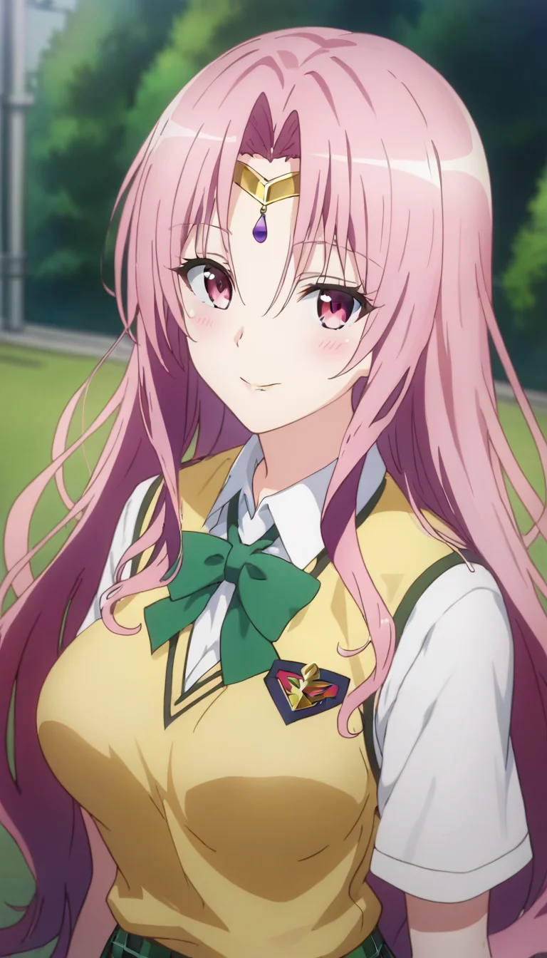 score_9,score_8_up,score_7_up,score_6_up BREAK official art,solo,outdoors,upper body,(portrait:1.5),looking at viewer,facing viewer,smile,blush,Sephie Michaela Deviluke,very long hair,pink hair,circlet,hair between eyes,parted bangs,pink eyes,school uniform,sweater vest,yellow vest,white shirt,collared shirt,green bowtie,short sleeves,large breasts,miniskirt,green skirt,plaid skirt,pleated skirt,zettai ryouiki,black thighhighs,loafers,<lora:Sephie Michaela Deviluke(tlr)-Pony:1.5>,