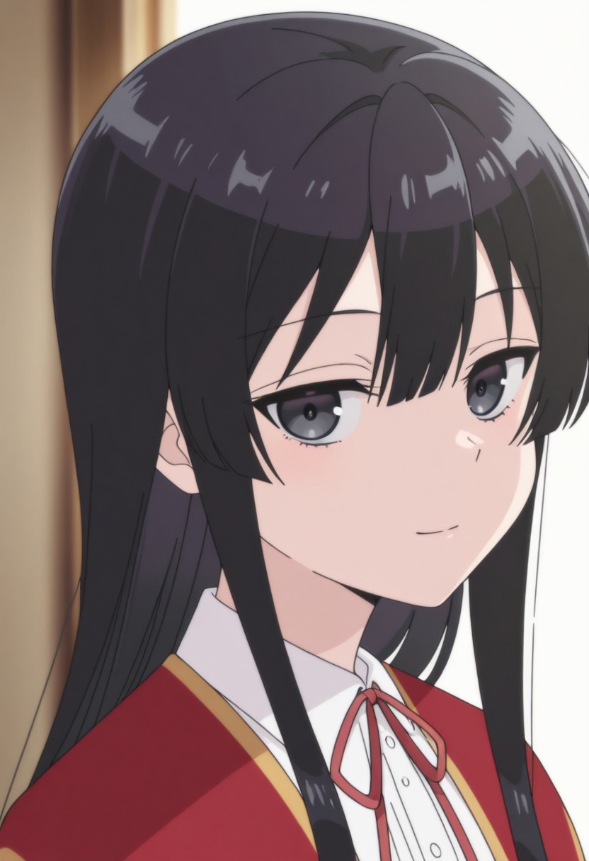 masterpiece,best quality,amazing quality, source_anime, 
YumiellaDolkness, 1girl, solo, black eyes, black hair, long hair, school uniform, shirt, white shirt, red ribbon, neck ribbon, red capelet, portrait, light smile, closed mouth, looking at viewer,