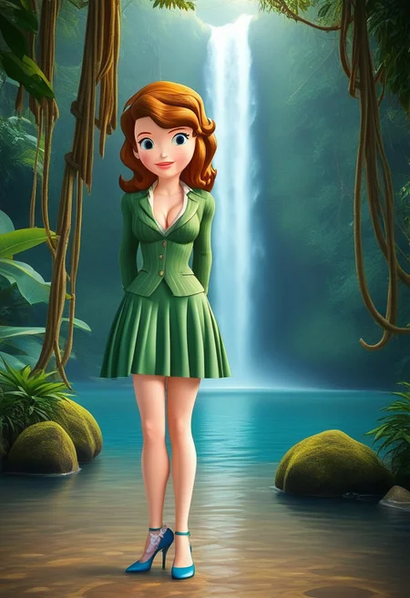 sofia_the_first,  blue eyes, brown hair,skirt suit, striped suit, fitted skirt, sea green suit, medium breasts, cleavage, 18 years old, Jungle w4t3rf4ll,neoclassical painting, high heels,1girl