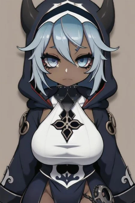 Devil, horns, body mods, chibi, huge breasts, thick thighs, muscular, ((dark tan skin)), white hair, ((navy hair streaks)), short spiky scene hair, slanted blue eyes,blue tribal cloud tattoos, non human, monster girl, bad ass, ((nun)), huge fluffy white scarf, (( hooded jumpsuit)), ((steampunk)), ((y2k aesthetic)), black, white, navy, light blue, 3d render, chibi, ((Kaeya Alberich inspired outfit)), poofy hair, eyeliner, emo, emo makeup, goth, wrench_genshin_style, chara-sheet