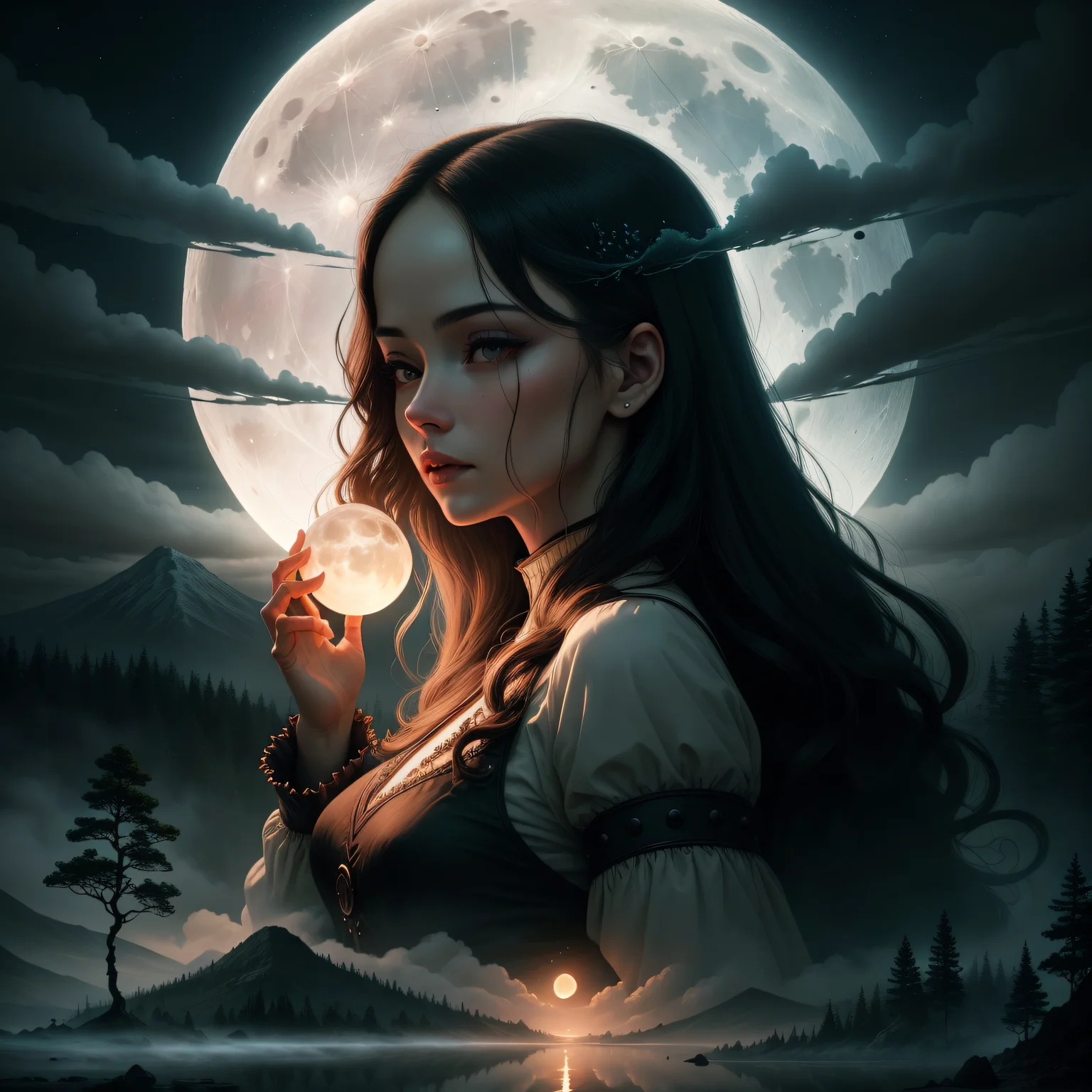beautiful, masterpiece, best quality, extremely detailed face, perfect lighting, DarkFantasy-700, moon, fog, full moon, scenery, torii, night, sky, tree, 1girl, long hair, outdoors, cloud, spirit, moonlight, mountain, glowing, nature, ghost, forest, cloudy sky, night sky,