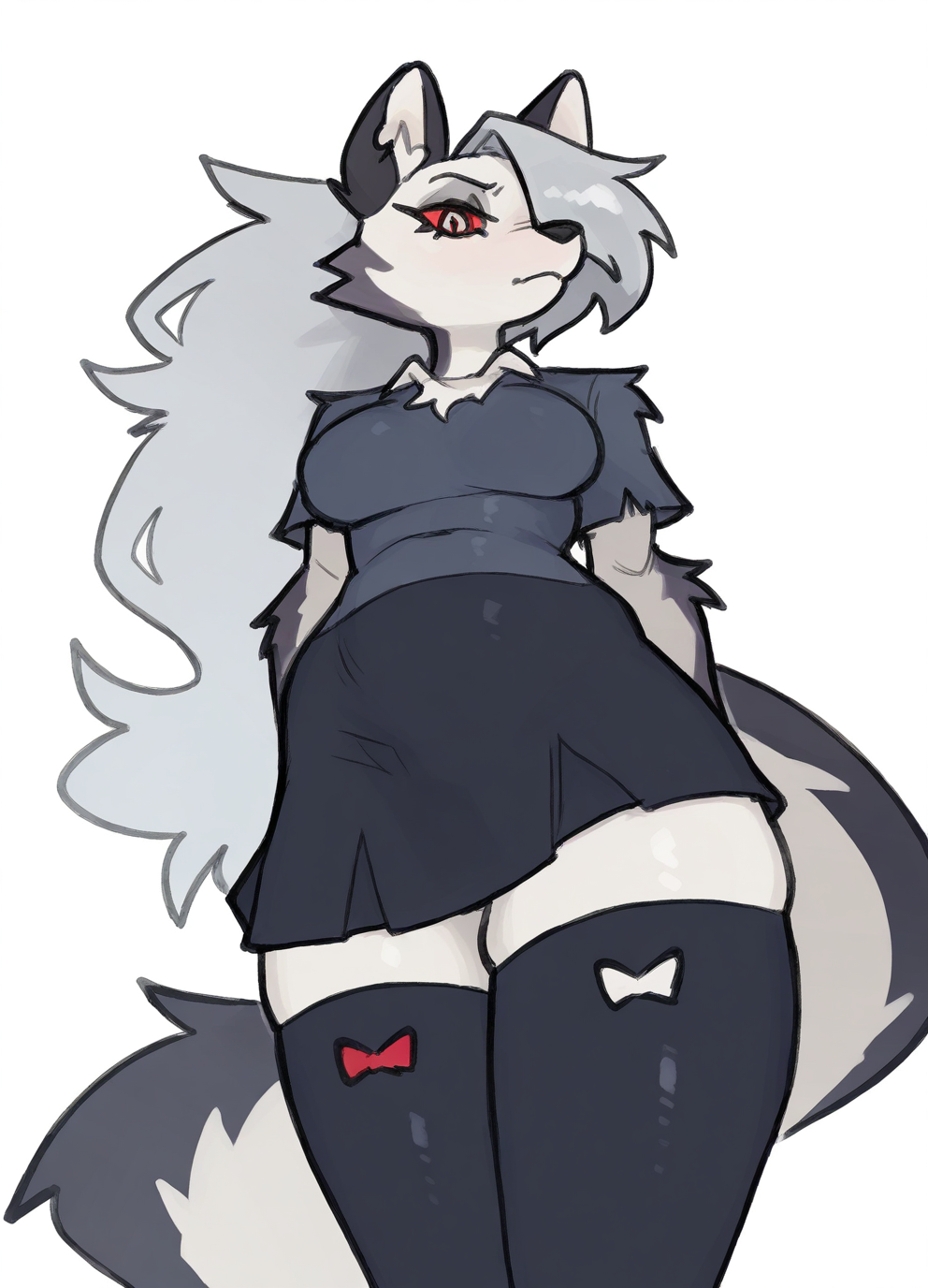 <lora:karu184ILLUS:1> karu184, 
(masterpiece), (best quality), (ultra-detailed), amazing quality, very aesthetic, illustration, perfect composition, intricate details, absurdres, incredibly absurdres, shiny skin, realistic,
dynamic pose, perspective,
white background, simple background,
1girl, solo, red eyes, Loona, Loona \(Helluva Boss\), Anthro, furry, thigh highs,, 
				, povsit, from below ,