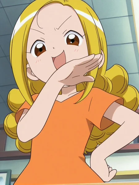 1girl,shiny skin ,<lora:tamaki_ill_v2:1> ojatamakir, long hair, blonde hair, brown eyes, orange dress, short sleeves,flat chest,BREAK
upper body,BREAK
Explicit,masterpiece,best quality,amazing quality,looking at viewer,ojou-sama pose,smile,open mouth, from below,looking down,hand on own hip, deformed,hand on own chin,