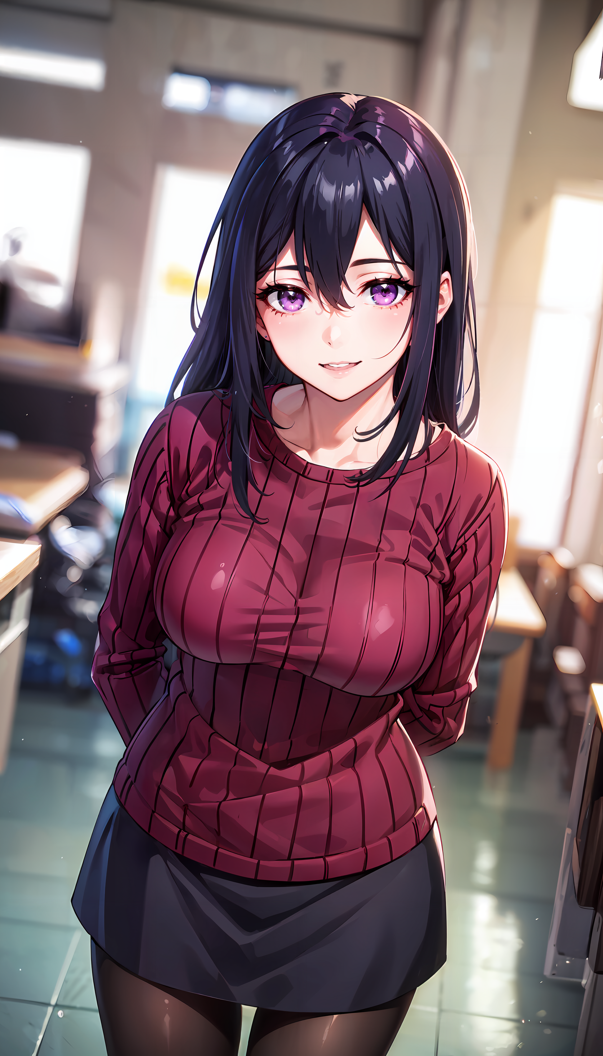 photorealistic, (4k), depth of field, (Masterpiece), (realistic skin texture), extremely detailed, intricate, hyper detailed, professional photography, bokeh, high resolution, sharp detail, best quality, woman, long hair, black hair, purple sweater, purple eyes, black skirt, hair between eyes, pantyhose,  <lora:Saori Ootori-000004:0.7> , <lora:GoodHands-beta2:0.8> , <lora:detail_slider_v4:0.8> , horns pose,