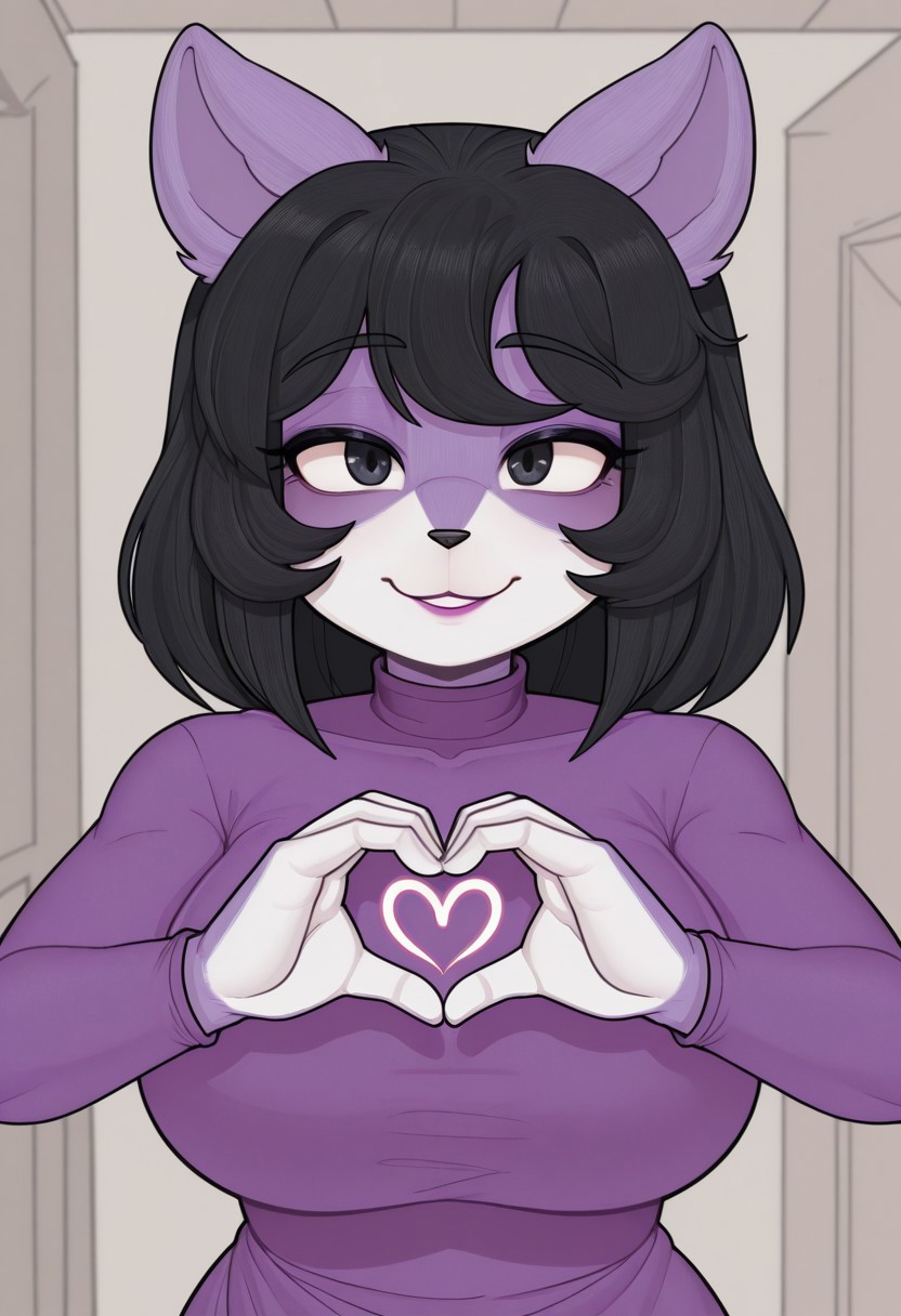 sajji,  1girl, solo, medium build, medium hair, sfw, safe for work, covered skin, flowy dress,  black eyes, purple lipgloss, smiling, portrait, upper body, heart hands, foreshortening, detailed, newest, furry female, furry, anthro