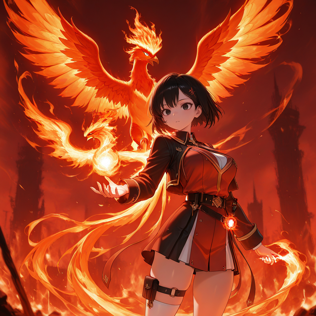 masterpiece,best quality,amazing quality, very aesthetic, detailed background, cowboy shot,
1girl,20yo, black hair, black eyes, short bob hair, hair pin,mdeium  breast, slender,(white thigh strap:1.1),
fire bird, phoenix, kaiser phoenix, red theme, fire magic, spell casting <lora:kaiser-phoenix-il-01:1>