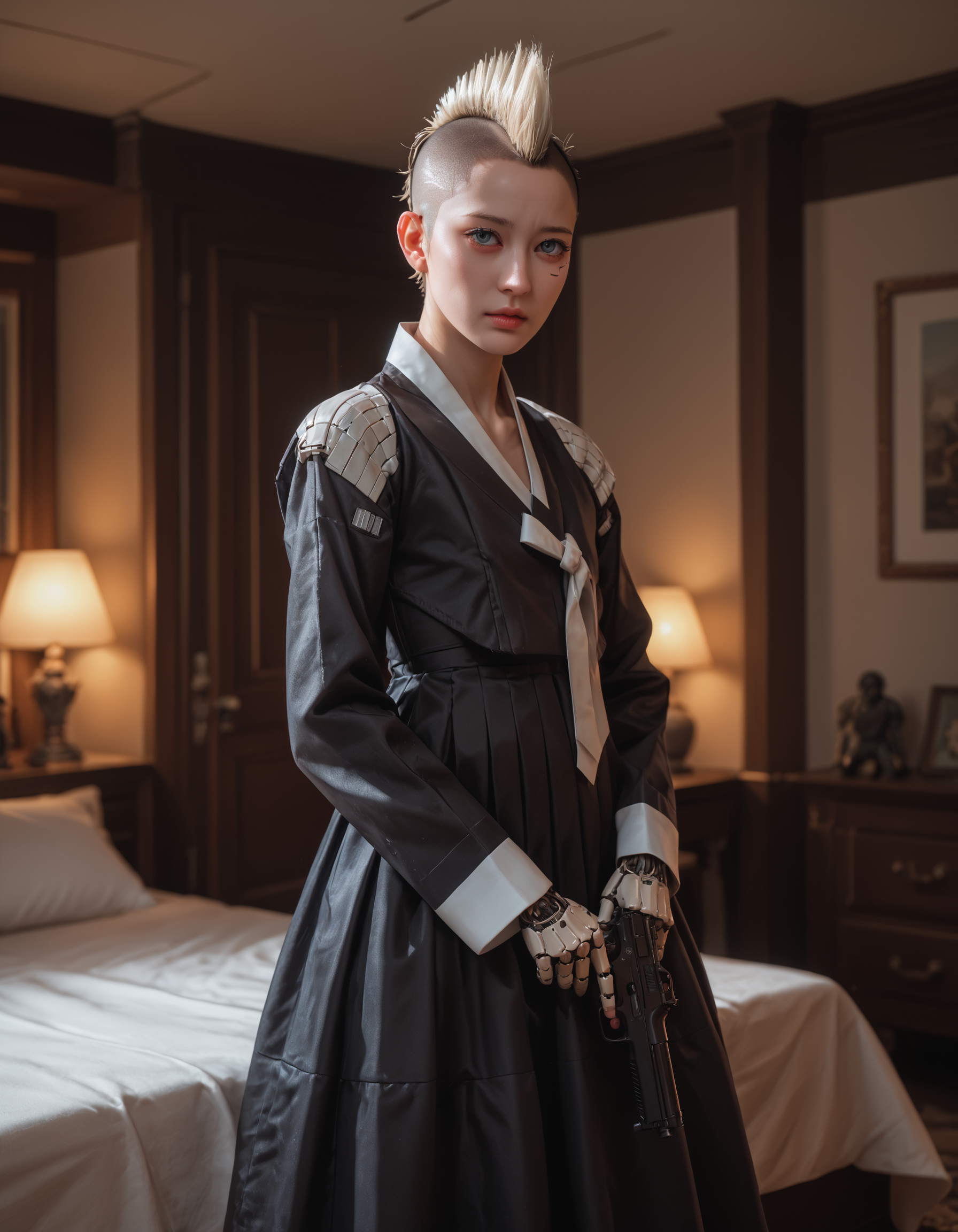 score_9, score_8_up, score_7_up, score_6_up, score_9, score_8_up, score_7_up, score_6_up, 1girl, mohawk, punk, black hanbok, black skirt, white ribbon, cybernetic eyes, doll joints, long sleeves, cyberpunk, at night, indoors, (hotel room:0.7), holding gun, scifi pistol, minimilist architecture, very clear image, detailed face, detailed character design, ultra-high resolution, perfectly composed, clear, breathtaking attention to detail, highres, ultra detail, 8k wallpaper,