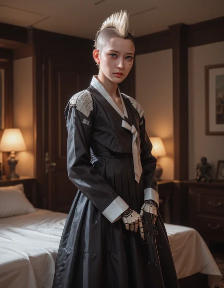 score_9, score_8_up, score_7_up, score_6_up, score_9, score_8_up, score_7_up, score_6_up, 1girl, mohawk, punk, black hanbok, black skirt, white ribbon, cybernetic eyes, doll joints, long sleeves, cyberpunk, at night, indoors, (hotel room:0.7), holding gun, scifi pistol, minimilist architecture, very clear image, detailed face, detailed character design, ultra-high resolution, perfectly composed, clear, breathtaking attention to detail, highres, ultra detail, 8k wallpaper,