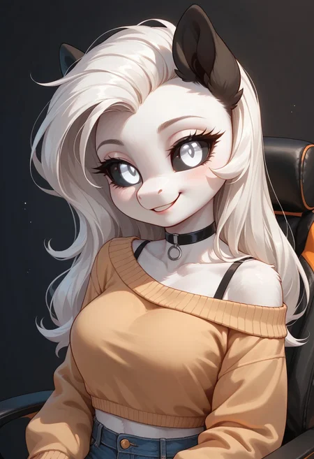 score_9, score_8_up, score_7_up, score_pony,
BREAK
Albina, 1girl, wild pony, pony, white fur, (white long hair:1.2), black sclera, white eye, (glowing white eyes:1.4), (black wings:1.1), (black ears:1.1), cute, score_9, score_8_up, score_7_up,MegaFluffyPony, furry, fluffy,
General
 female breasts choker clothed clothing female midriff solo upper body Copyright
hasbro mlp g5 my little pony netflix
Character
Artist
cooliehigh
General
anthro long hair white body white skin smile upper body sweater jeans  gaming chair bedroom