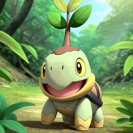 Turtwig waving at the viewer, smiling, in the jungle <lora:Turtwig SDXL:.7>