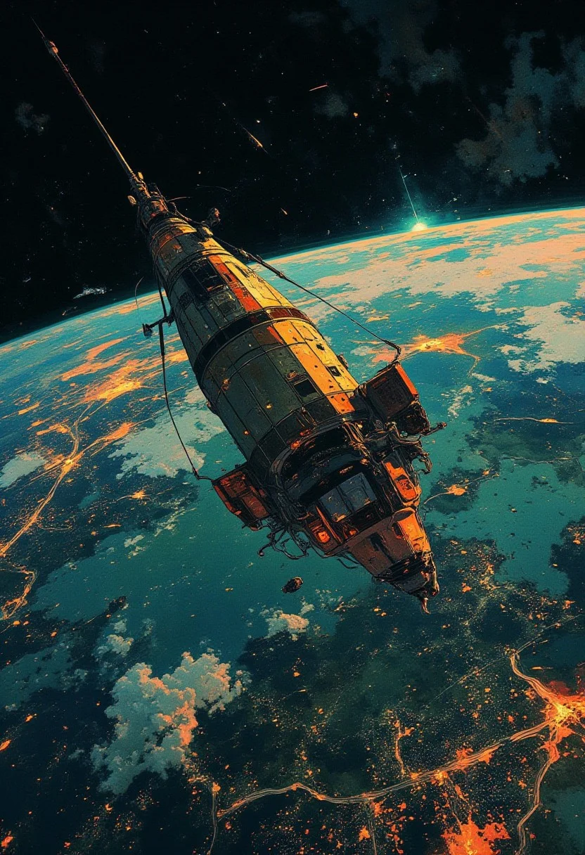 A futuristic artificial satellite floats serenely in orbit above the Earth, a celestial sentinel gazing out into the vast expanse of space. Below, the terrestrial world glows with a tapestry of vibrant city lights, a breathtaking display of human ingenuity and civilization. The satellite's metallic hull glints in the starlight, a beacon of technological advancement amidst the inky blackness of space. The planet's atmosphere shimmers like a canvas of iridescent hues, a kaleidoscope of blues and greens that seem to pulse with an otherworldly energy. The city lights twinkle like diamonds scattered across the surface, a mesmerizing spectacle that stretches as far as the eye can see. In the distance, the curve of the Earth rises like a majestic crescent, a reminder of the satellite's place in the grand tapestry of the cosmos.
