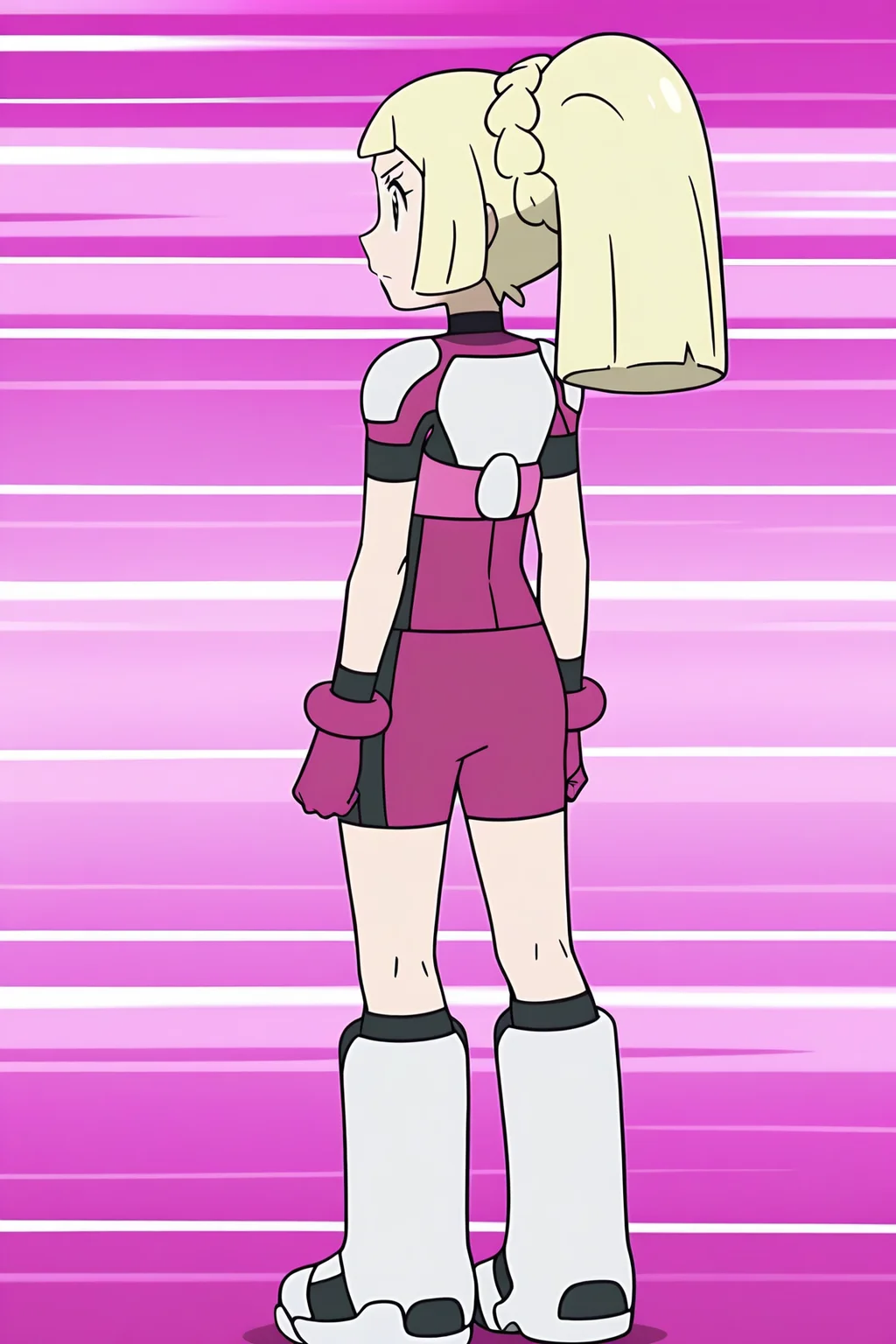 anime, anime screencap, lillieul, 1girl, solo, long hair, blonde hair, gloves, closed mouth, standing, full body, braid, ponytail, short sleeves, boots, from behind, black eyes, armor, from side, profile, bodysuit, knee boots, shoulder armor, clenched hands, arms at sides, purple gloves, pink gloves, shoulder pads, shirt, shorts, cosplay, lillie \(pokemon\), pokemon
<lora:Lillie_Ultraguardian:1>