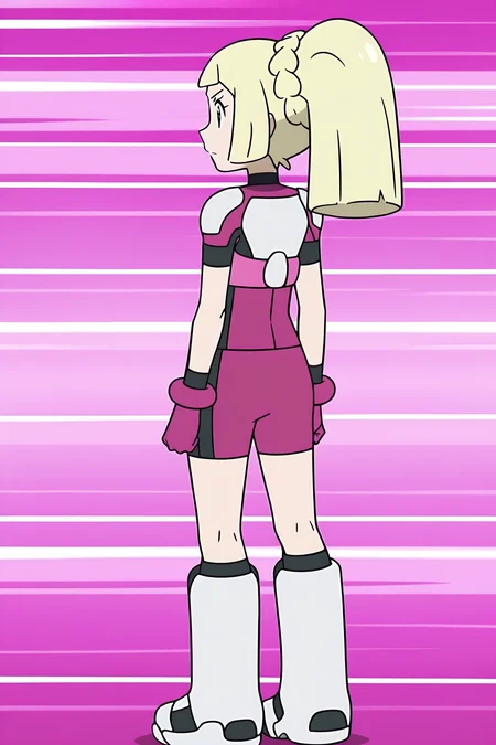 anime, anime screencap, lillieul, 1girl, solo, long hair, blonde hair, gloves, closed mouth, standing, full body, braid, ponytail, short sleeves, boots, from behind, black eyes, armor, from side, profile, bodysuit, knee boots, shoulder armor, clenched hands, arms at sides, purple gloves, pink gloves, shoulder pads, shirt, shorts, cosplay, lillie \(pokemon\), pokemon
<lora:Lillie_Ultraguardian:1>