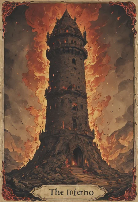 a tarot card, a burning tower in a fire kingdom, "the inferno" written, red and black ink,
