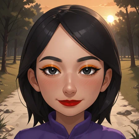score_9, score_8, BREAK, solo, wii, mii, wii sports, female mii, 1girl, cute, black hair, black eyes, makeup, blush, orange eyeshadow, red lips, lipstick, purple clothing, black pants, shoes, nintendo mii, modern_mii, classic_mii, breasts, Xin_(OC_Mii), sexy pose, smile, outdoors, sunlight, shadows, evening lighting, natural lighting, forest, trees, grass, orange sky, sunset
