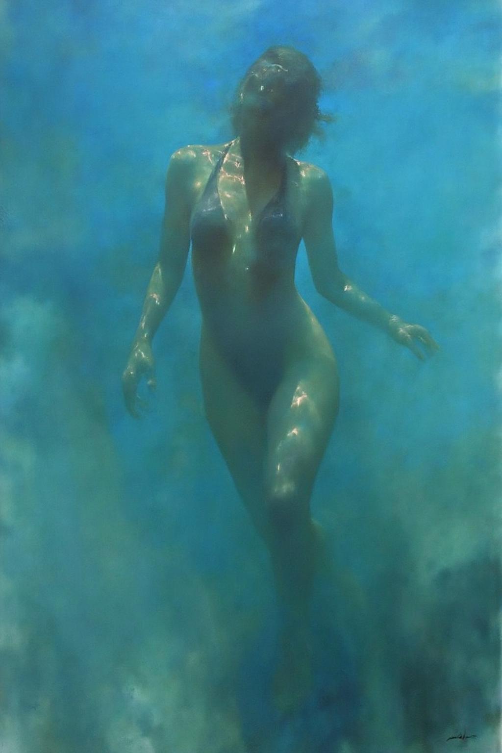 painting.
A partially obscured woman, wearing a one-piece swimsuit, blends with swirling blue-green water. The upper torso and arms are visible. The background continues the aquatic color theme. <lora:billbate1_cap_d8a4e12:1.0><lora:852797758690589821:0>