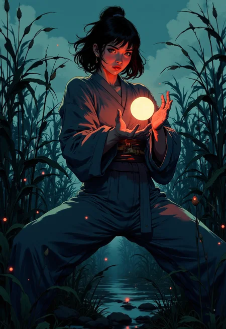 *,*,j_art, A woman in a traditional Japanese kimono stands poised in a powerful Wing Chun stance amidst a dark, A magic ball appears in both her hands. mystical reed-filled landscape, reminiscent of Ashley Wood's eerie and mystical art style. The reeds sway ominously in the background, as if sensing her impending movement, set against a subtle Dutch angle distortion of 20%. Her muscles are tense and coiled, ready to strike, casting a sense of foreboding and anticipation in this haunting and atmospheric scene.