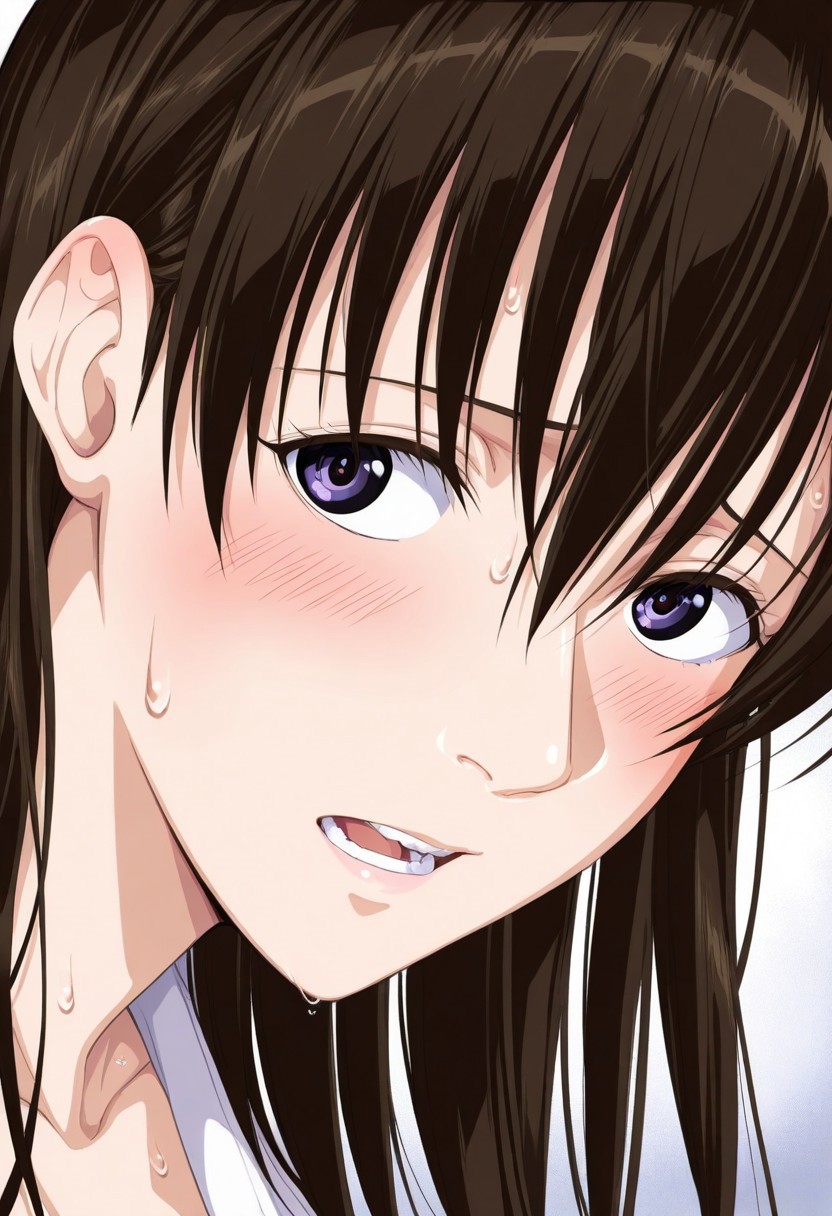 score_9, score_8_up, score_7_up, source_anime,(extremely detailed CG), (best quality), 
1girl, solo, brown hair, open mouth, blush, purple eyes, sweat, looking at viewer, teeth, sweatdrop, long hair, hair between eyes, karen