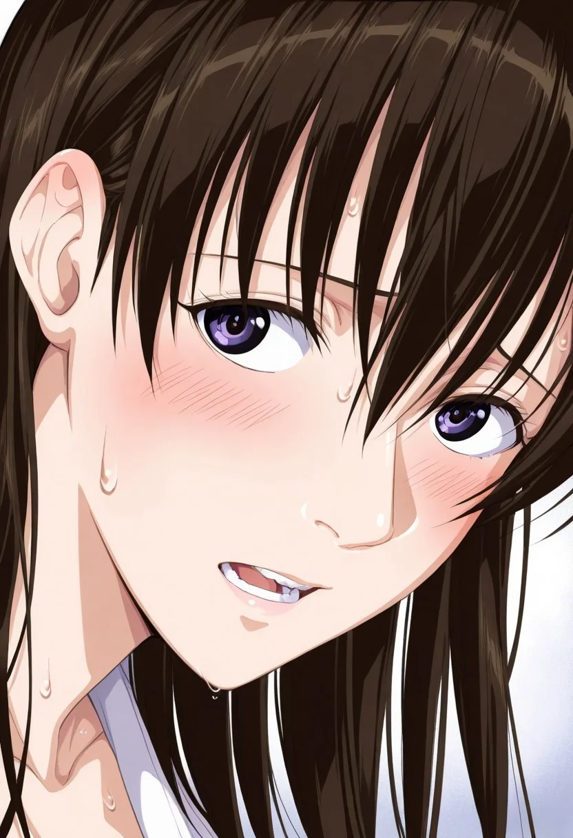 score_9, score_8_up, score_7_up, source_anime,(extremely detailed CG), (best quality),
1girl, solo, brown hair, open mouth, blush, purple eyes, sweat, looking at viewer, teeth, sweatdrop, long hair, hair between eyes, karen