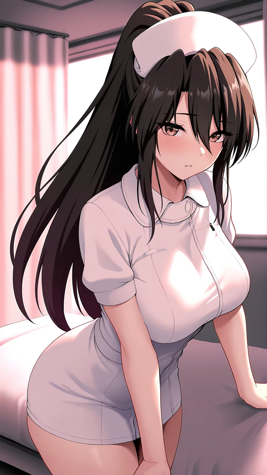 amazing quality,absurdres,best quality,masterpiece,highres,newest,detailed,detailed body,detailed face,masterpiece,best quality,solo,
kyoko,1girl,nurse,solo,nurse cap,long hair,hat,black hair,ponytail,brown eyes,<lora:kyoko:0.8>,