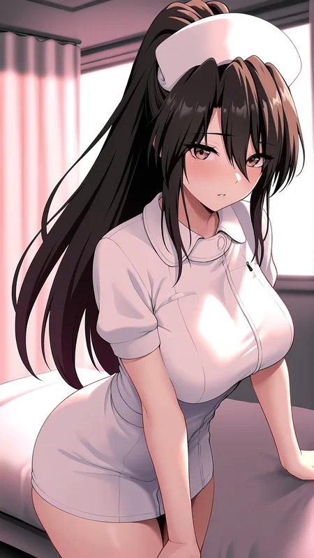 amazing quality,absurdres,best quality,masterpiece,highres,newest,detailed,detailed body,detailed face,masterpiece,best quality,solo,
kyoko,1girl,nurse,solo,nurse cap,long hair,hat,black hair,ponytail,brown eyes,<lora:kyoko:0.8>,