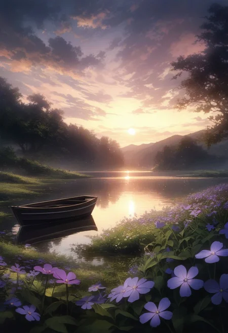 detailed background,( Calm spring night landscape), amongst lush greenery, beautiful view, creeping phlox in full bloom, creeping phlox, early morning, sunrise sky, beautiful clouds, dappled sunlight, outdoor seating, one lamp, Tranquil Lake, Boat on a Lake, depth of field, masterpiece, best quality, ultra-detailed, very aesthetic, illustration, perfect composition, intricate details, absurdres, moody lighting, wisps of light, no humans,