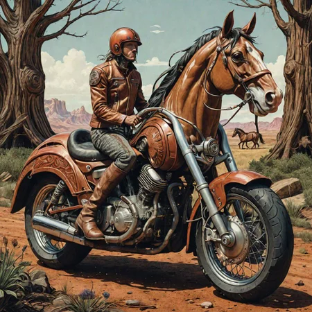 a motorcycle shaped like a horse, color image by Becky Cloonan