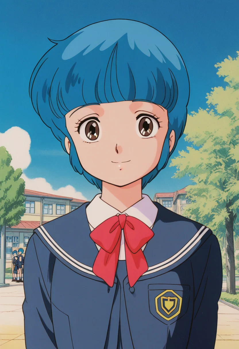 masterpiece, best quality, source_anime,official art,perfect_anatomy,1990s_\(style\),retro_artstyle,yuu morisawa,1girl,brown eyes,blue hair,short hair,bangs,school uniform,long sleeves,(looking_at_viewer,smile),upper body,close to viewer,day,school