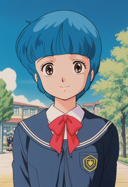 masterpiece, best quality, source_anime,official art,perfect_anatomy,1990s_\(style\),retro_artstyle,yuu morisawa,1girl,brown eyes,blue hair,short hair,bangs,school uniform,long sleeves,(looking_at_viewer,smile),upper body,close to viewer,day,school