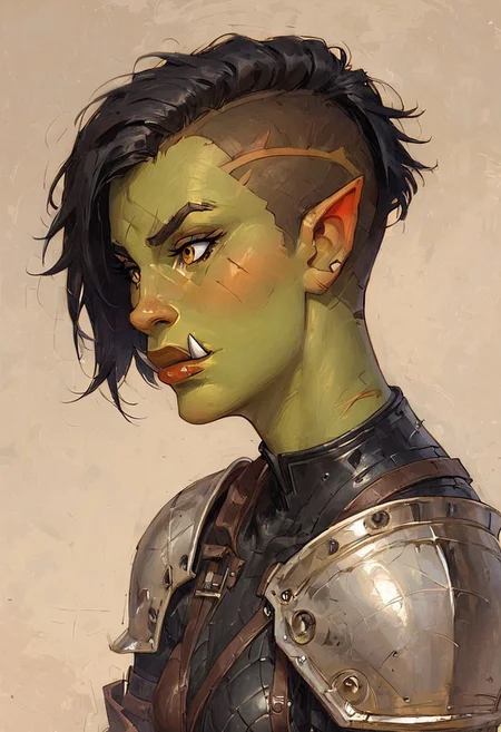 score_9, score_8_up, score_8_up, orc, tusks, green skin, short hair, black hair, undercut, slender body, small breasts, leather knight armor, fishnet bodysuit, gauntlets, metal shoulder pauldron, one shoulder armor, studded leather strap, daggers on her belt, lush lips, bangs swept back, amber eyes, cheek scar
