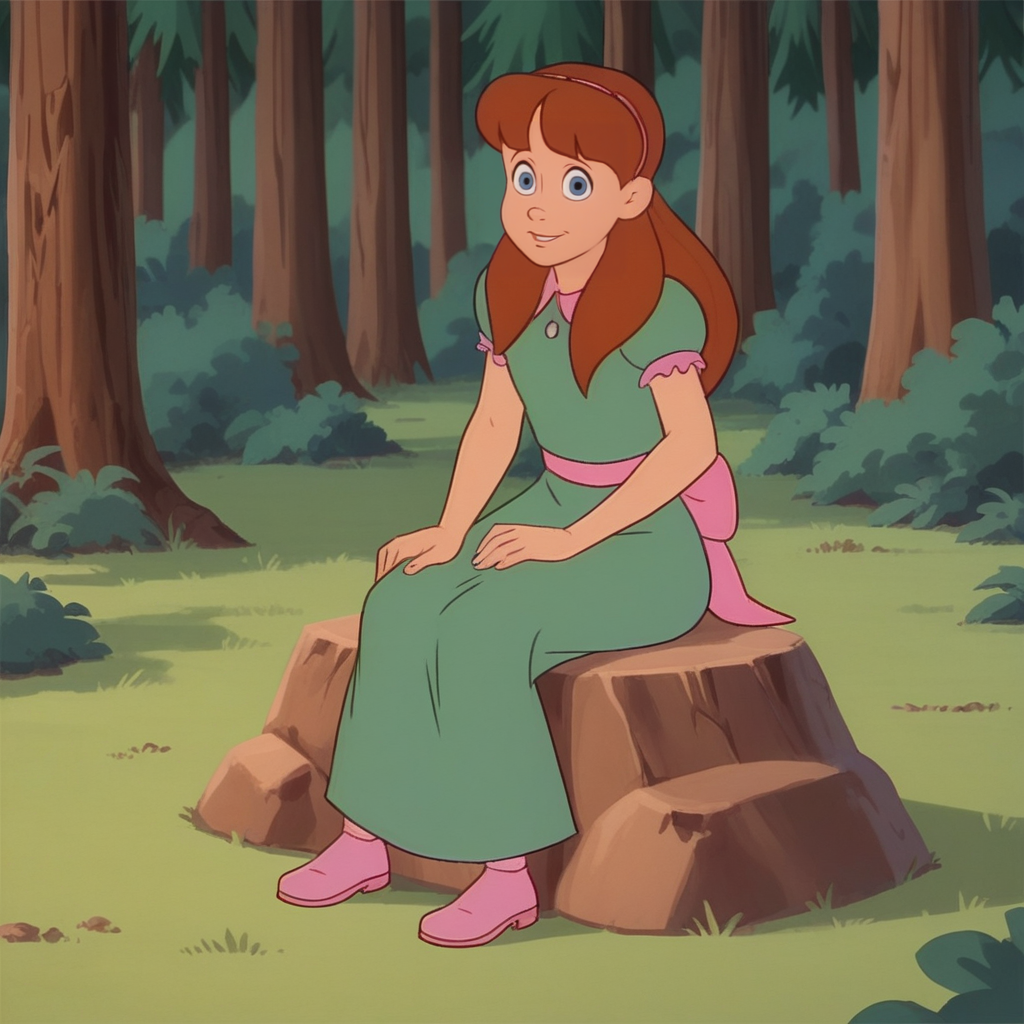 Ugly score_9_up, score_8_up, BREAK, Rebecca, 1girl, solo, brown hair, long hair, blue eyes, dress, pink footwear, <lora:Rebecca_CareBears_PXL_Leaf1:1>, looking at viewer,  forest, sitting on rock, light smile,