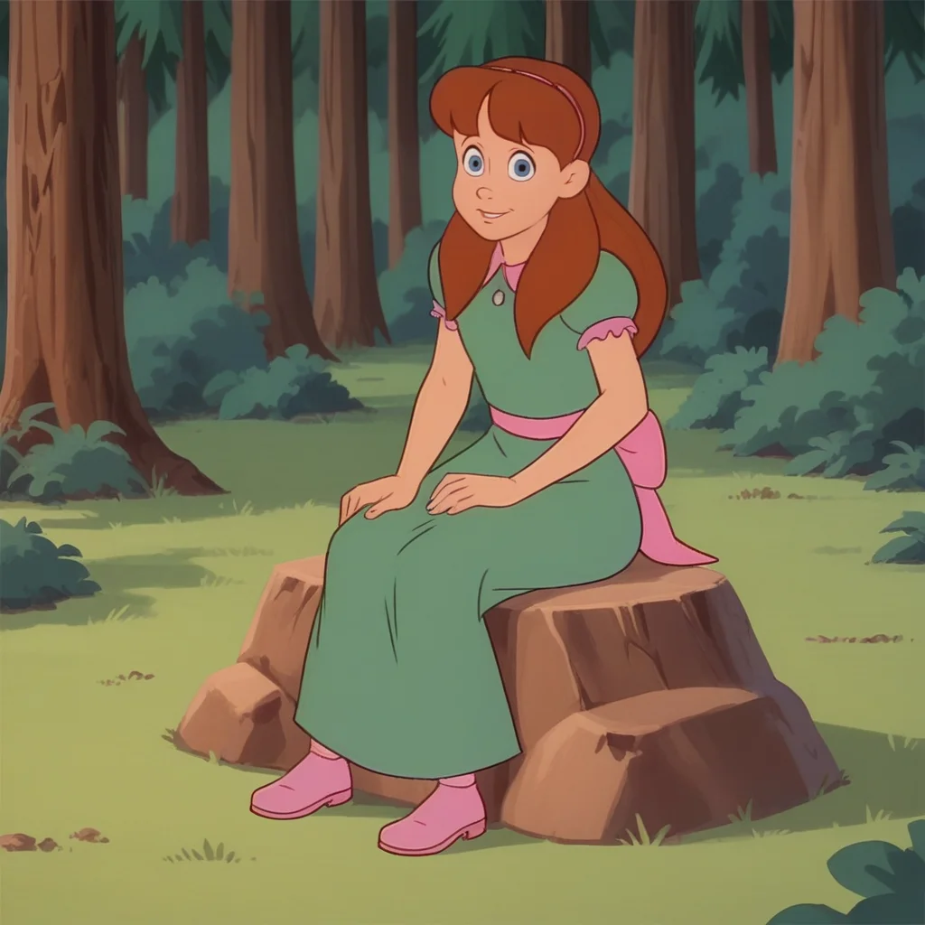 Ugly score_9_up, score_8_up, BREAK, Rebecca, 1girl, solo, brown hair, long hair, blue eyes, dress, pink footwear, <lora:Rebecca_CareBears_PXL_Leaf1:1>, looking at viewer, forest, sitting on rock, light smile,