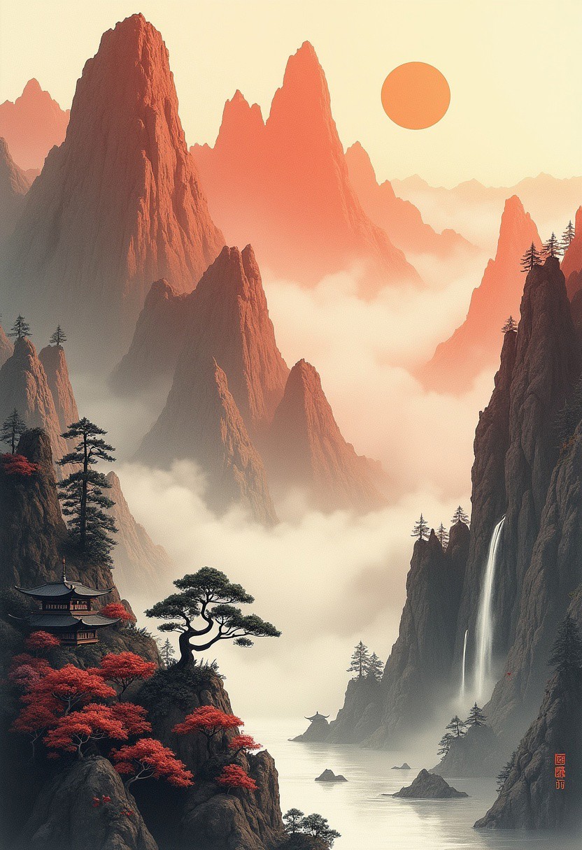 traditional japanese art style, ink on paper, wabi-sabi, henna and carmine, sepia, BREAK, hyperdetailed photorealistic inksketch image of a grand mountain range at dawn, towering peaks with steep, jagged edges, covered partially in mist and low-hanging clouds, narrow waterfalls cascading down the rugged cliffs, clusters of ancient pine trees clinging to the mountainside, the valley below dotted with small, secluded temples nestled among the trees, a serene river reflecting the mountains, no text, no watermark, no logo.