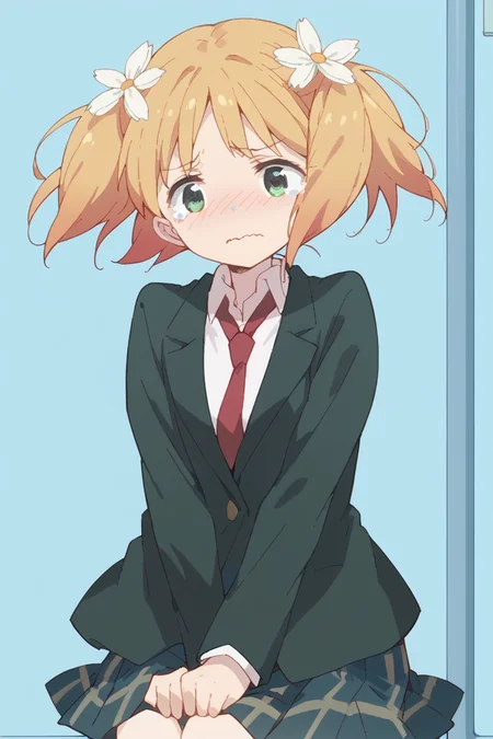 score_9, score_8_up, score_7_up, score_6_up,
<lora:Yuu_Sonoda:1> yuu, 1girl, hair flower, hair ornament, flower, solo, school uniform, twintails, blonde hair, necktie, skirt, tears, blazer, wavy mouth, green eyes, jacket