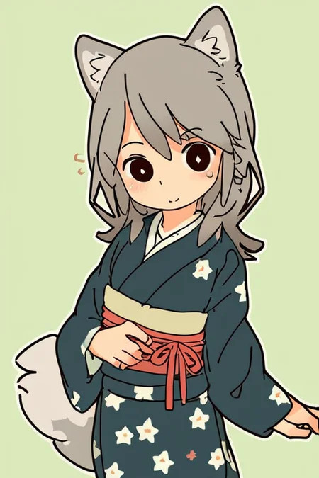 furry,by yagi the goat,human girl,Wolf ears,Wolf tail,Grey Tail,Grey ears,grey hair,Human skin,long hair,Short stature,Skinny body,solo,Short stature,Skinny body,score_9,score_8_up,score_7_up,(cute expression, cute face:1.1),simple background,looking at viewer,blush,early teen,print_kimono,furisode,obi,sash,flat chest,<lora:Yagi_the_Goat_ai:1>,fox tail,