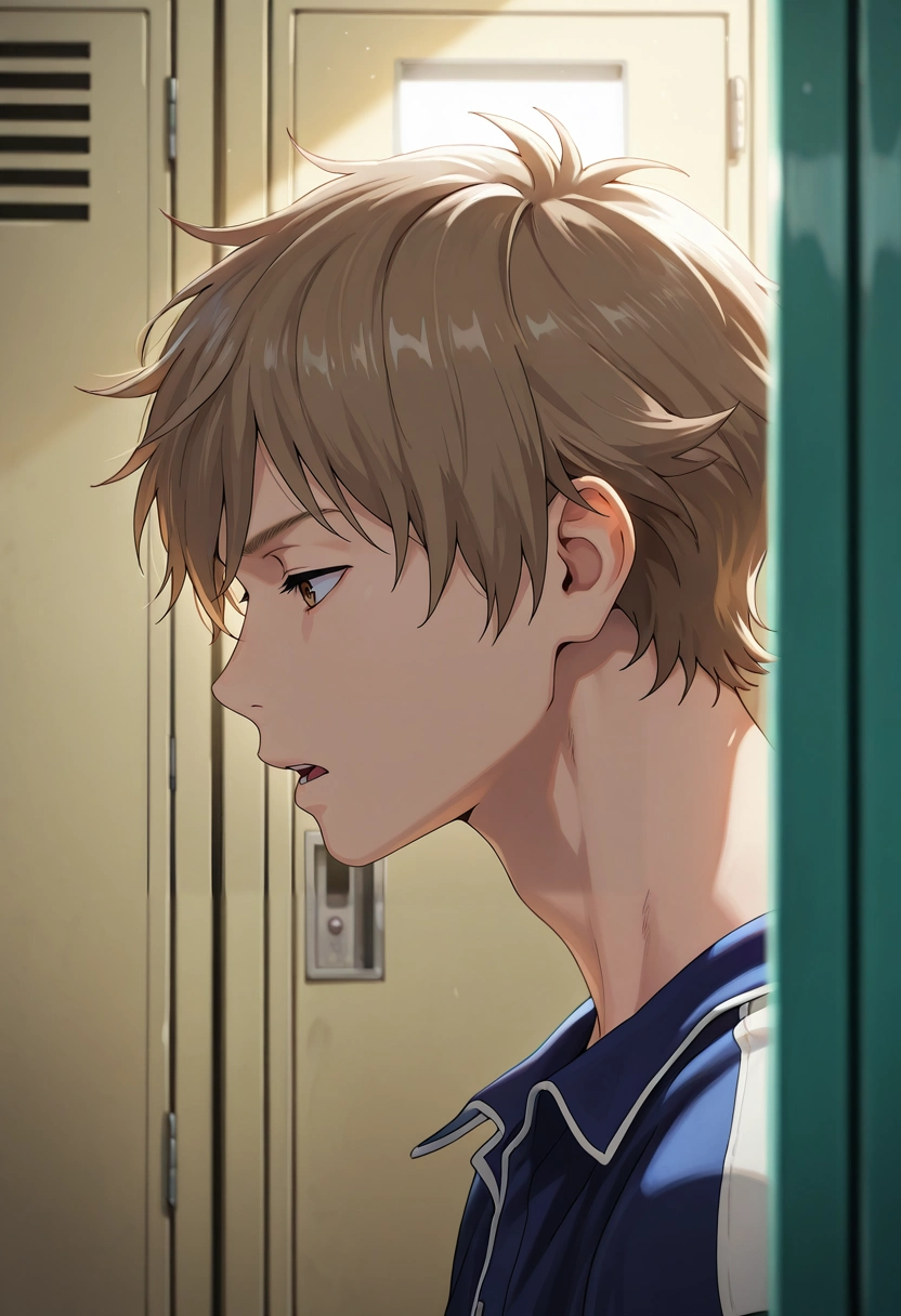 masterpiece, best quality, , semi-realistic, , 1boy, solo, male focus, <lora:shun_hashimoto_ilxl:0.9>, shun_hashimoto, brown hair, brown eyes, short hair, profile, locker room, indoors, light, villain pose, speaking, talking,