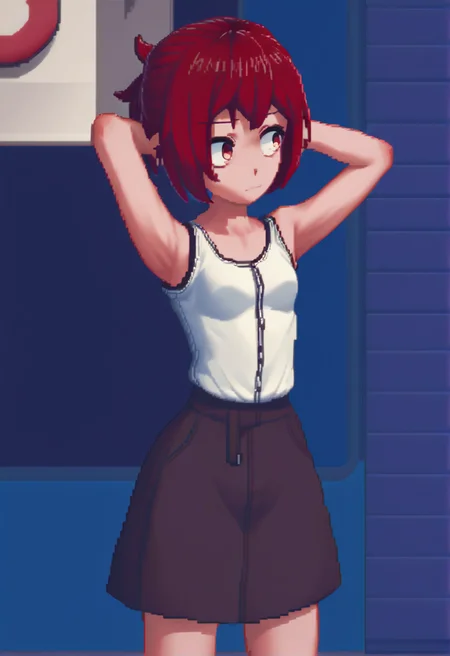 source_anime, score_9, score_8_up, score_7_up, score_6_up, score_5_up, score_4_up, 1 girl, solo, <lora:Miku_from_LiL_PonyXL:1>, miku_maruyama, red hair, small breasts, <lora:cone:0.8> c0ne, pixel art,(In the skyscraper, Hands behind head, leaning back),